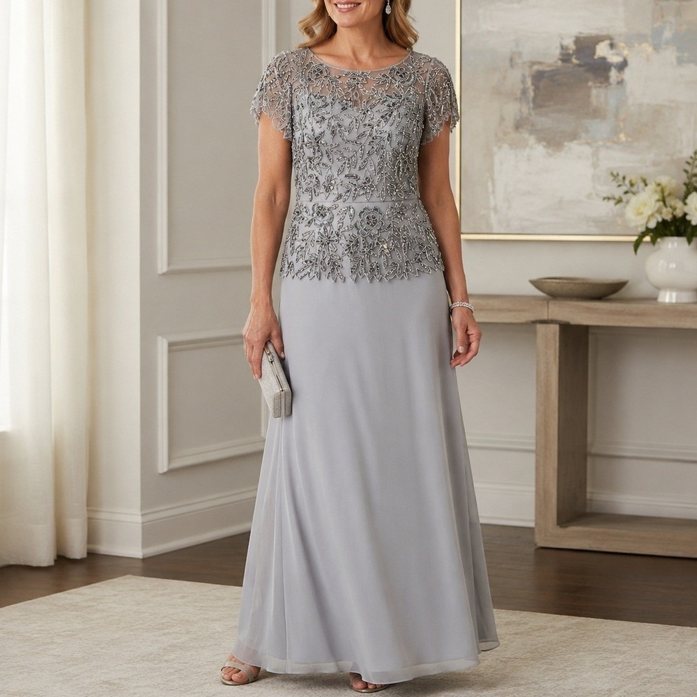Pisarro Nights Beaded Formal Gown Sz 8 Gray‎ Sequin Floral Mother of Bride Dress
